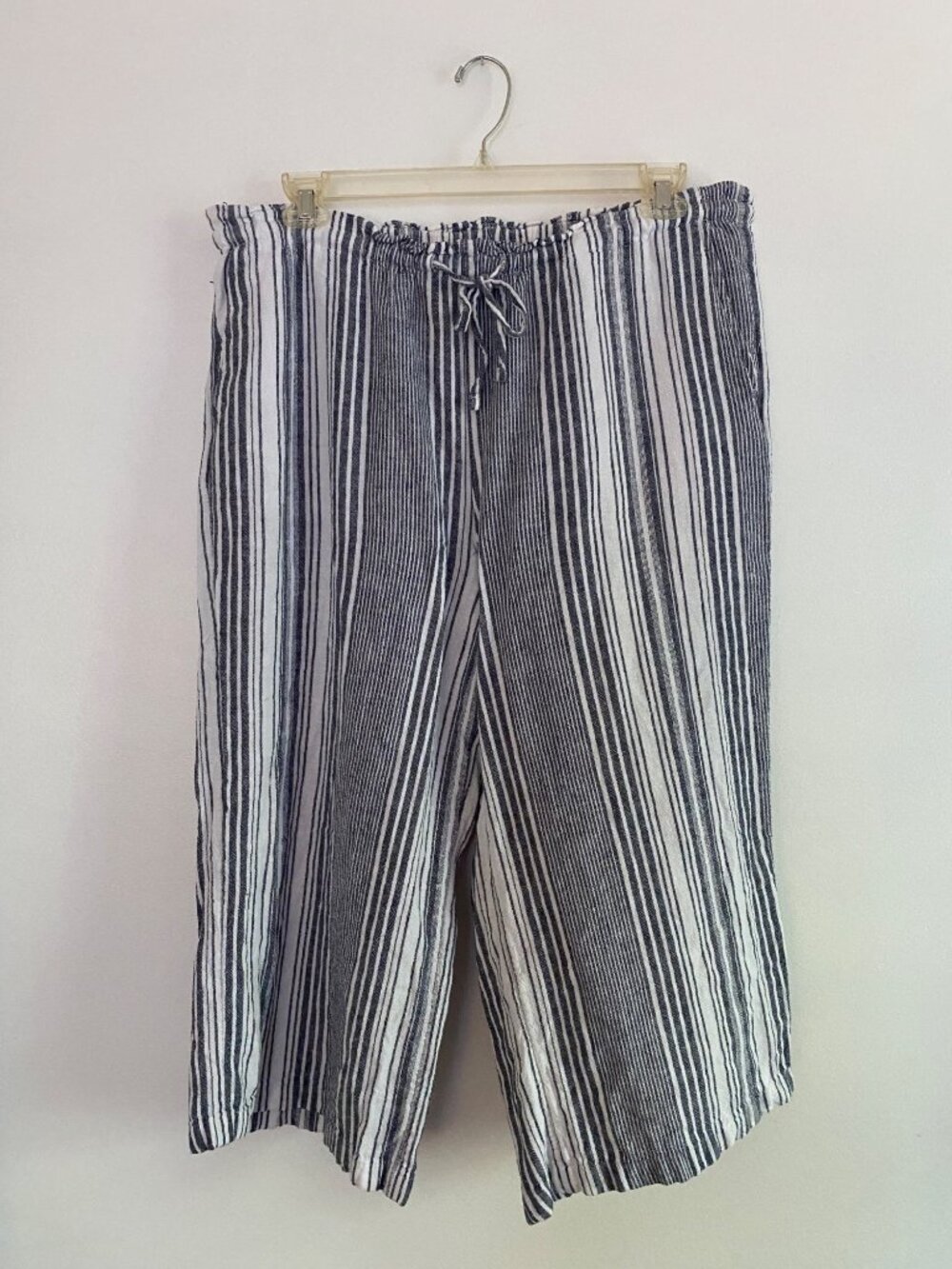 Striped Linen Blend Wide-Leg Pants With Elastic Waist Size L Time And Tru
